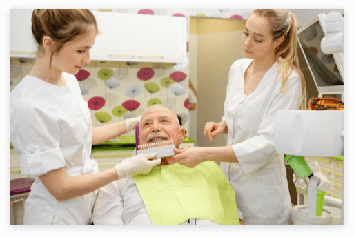 Shade Matching Dentures denture clinic staff colour matching an elderly man's teeth