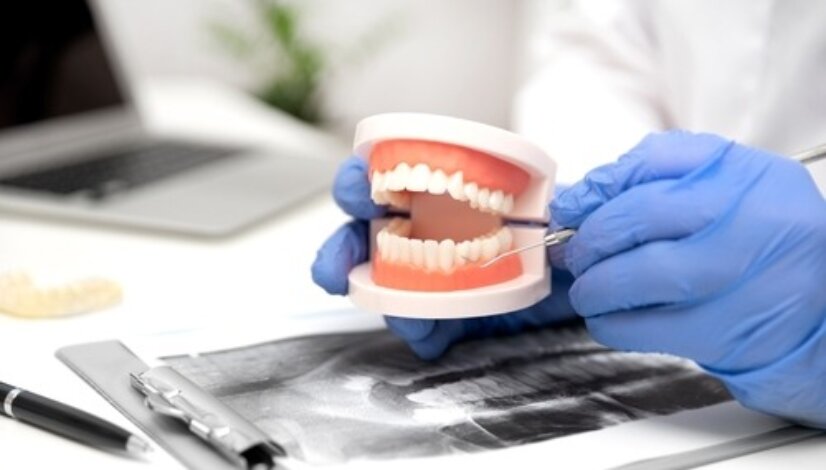 Dentist holding a pair of model dentures.