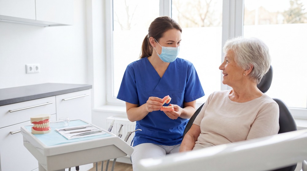 Senior denture fitting appointment in denture clinic.